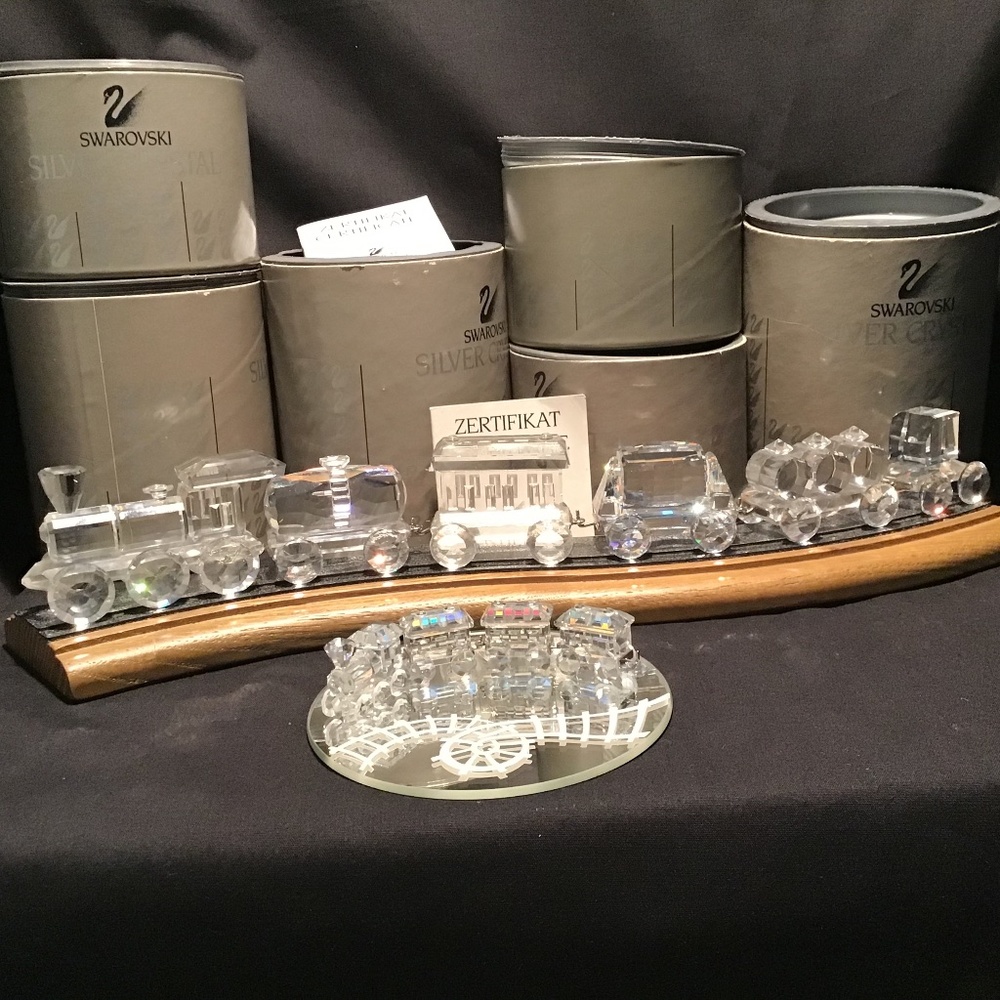 Swarovski Crystal Train -7 Piece with Wooden Track - Plus 5 piece Mini Train Set